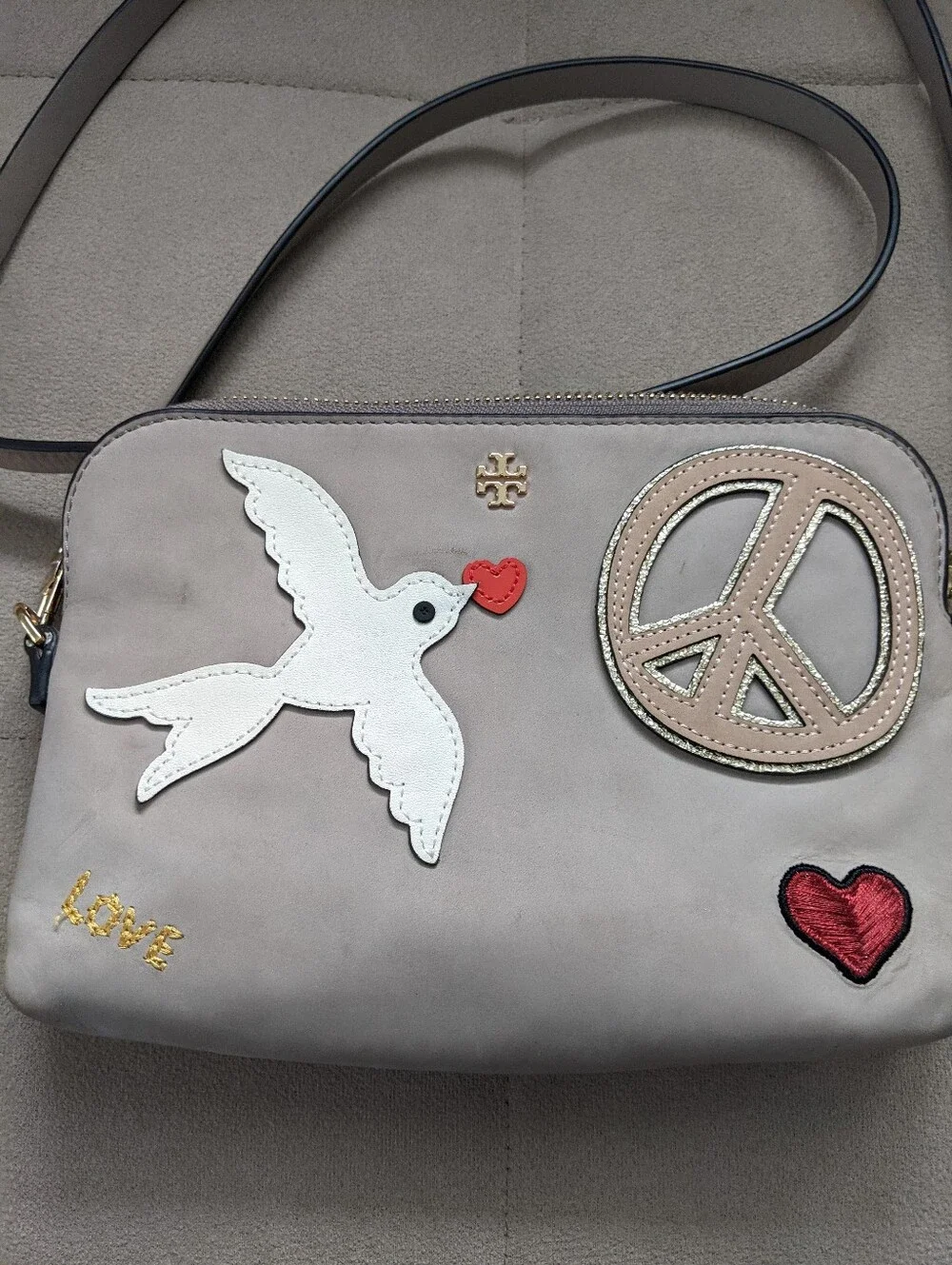 Tory Burch Taupe Crossbody with Dove, Peace & Heart Patches